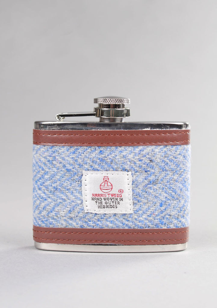 4oz Contemporary Harris Tweed Hip Flask in Light Blue Herringbone