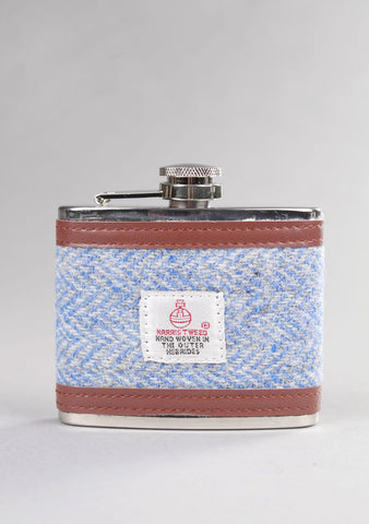 4oz Contemporary Harris Tweed Hip Flask in Light Blue Herringbone