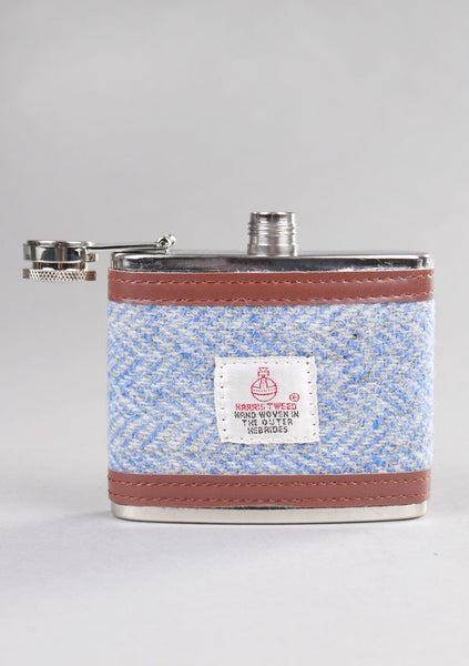 4oz Contemporary Harris Tweed Hip Flask in Light Blue Herringbone