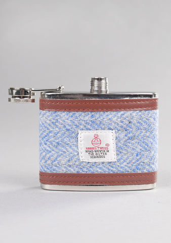 4oz Contemporary Harris Tweed Hip Flask in Light Blue Herringbone