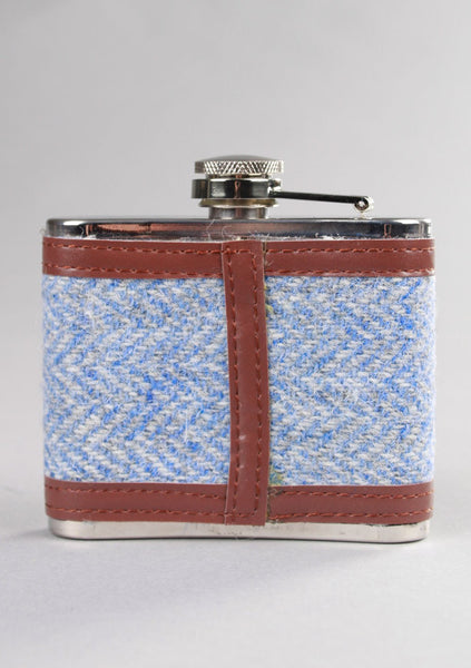 4oz Contemporary Harris Tweed Hip Flask in Light Blue Herringbone