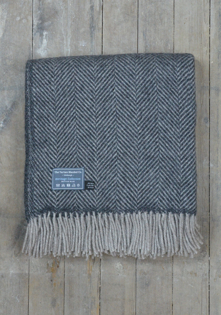 New Wool Blanket in Charcoal and Silver Herringbone