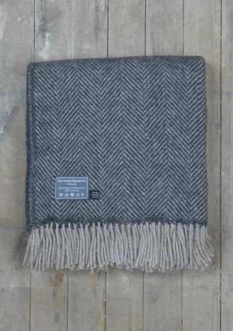 New Wool Blanket in Charcoal and Silver Herringbone